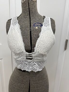White Lace Bralette with Plunge & Crisscross Detail